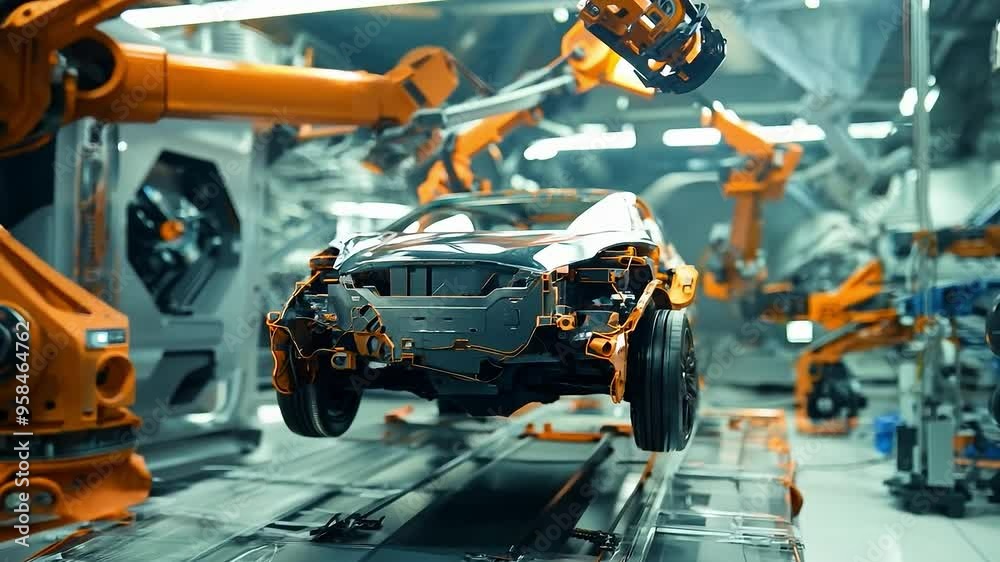 Futuristic electric car automated robot arm assembly line manufacturing Futuristic electric car automated robot arm assembly line manufacturing