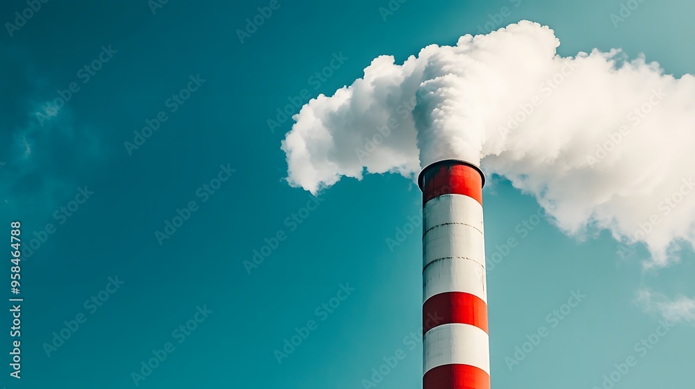 One industrial smokestack emitting white smoke against clear blue sky, single tall chimney, billowing plume, environmental pollution concept. One industrial smokestack emitting white smoke against clear blue sky, single tall chimney, billowing plume, environmental pollution concept.