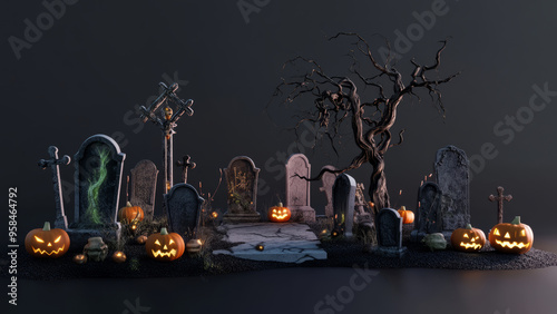 Creepy graveyard with twisted trees and glowing jack-o-lanterns at night