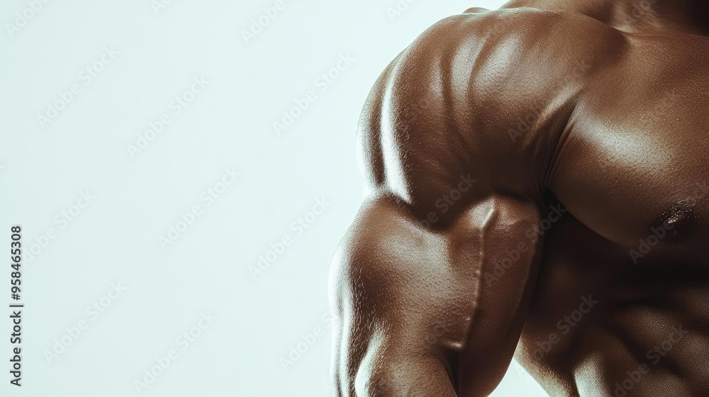Naklejka premium Close-up of a muscular arm showcasing strength, fitness, and powerful definition against a neutral background.