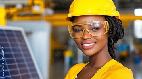 A woman wearing a yellow shirt and a yellow hard hat is smiling. She is wearing safety glasses and a yellow helmet