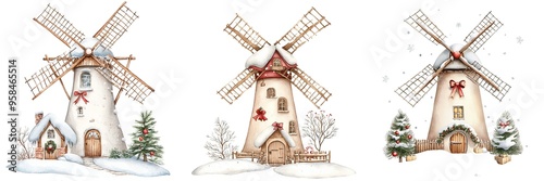 Charming winter windmills adorned with snow, festive wreaths, and cozy cottages, perfect for holiday-themed designs.