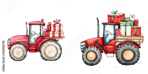 A charming red tractor loaded with colorful gifts, perfect for holiday themes and seasonal decorations.