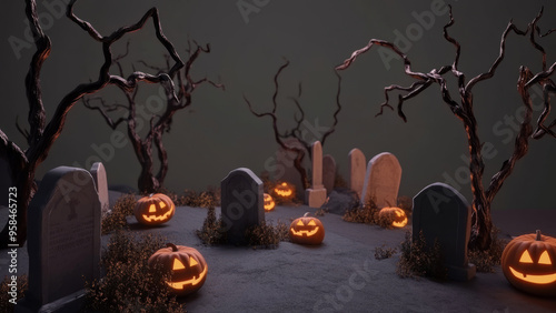 Creepy graveyard with twisted trees and glowing jack-o-lanterns at night