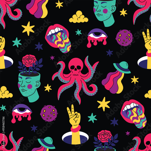 Psychedelic trend seamless pattern, bright acidic elements. Cartoon illustration on a black background
