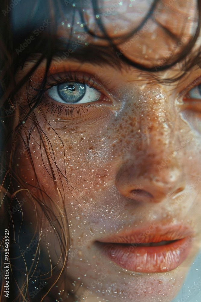 Captivating close-up of a young woman with glistening skin and vivid blue eyes on a sunny day Captivating close-up of a young woman with glistening skin and vivid blue eyes on a sunny day