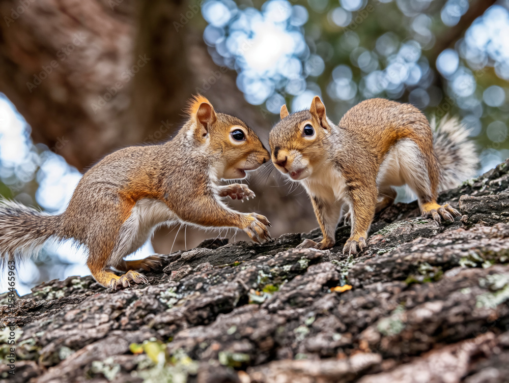 Two squirrels are fighting on a tree branch. One of them is on the left and the other one is on the right Two squirrels are fighting on a tree branch. One of them is on the left and the other one is on the right