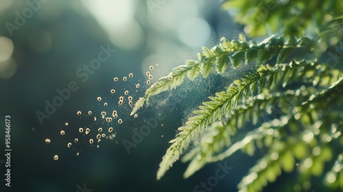 Close-up of a fern releasing spores into the air, with a misty background to highlight the tiny particles and natural reproduction process photo