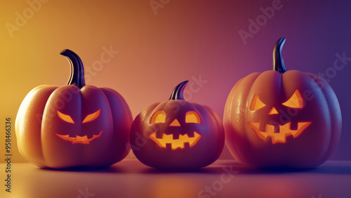 Three glowing jack-o-lanterns with spooky faces in warm orange lighting