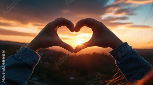 A close-up of hands forming a heart shape against a beautiful sunset background photo