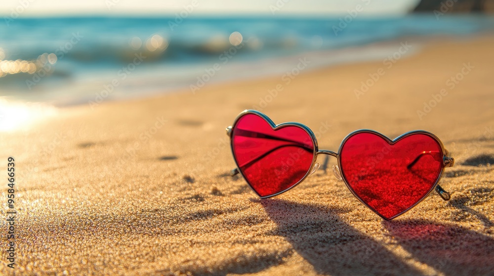 A close-up of heart-shaped sunglasses resting on a sandy beach A close-up of heart-shaped sunglasses resting on a sandy beach
