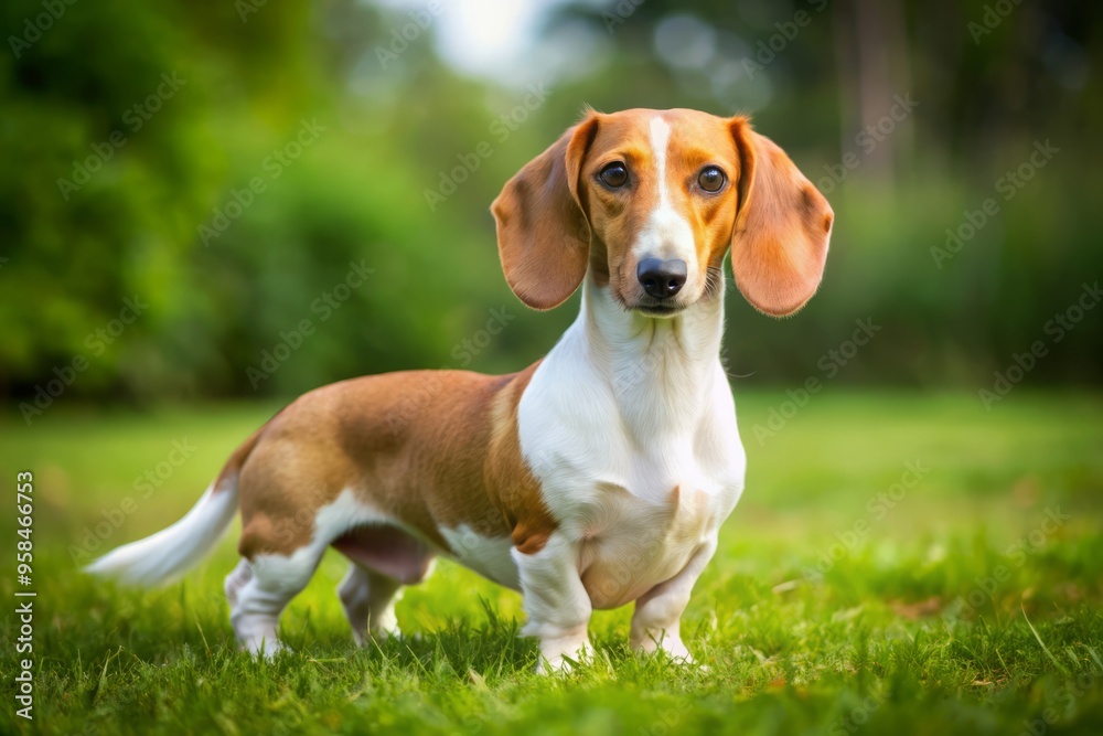 Adorable white and tan weiner dog stands tall on lush green grass, tail wagging with excitement, enjoying the Adorable white and tan weiner dog stands tall on lush green grass, tail wagging with excitement, enjoying the