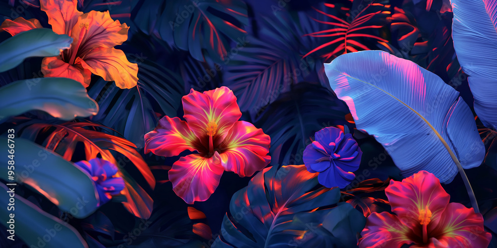 Mysterious Night Design with Illuminated Tropical Elements, with Unique Hibiscus Flower, Mysterious Flower Background Mysterious Night Design with Illuminated Tropical Elements, with Unique Hibiscus Flower, Mysterious Flower Background