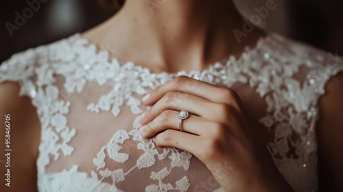 A close-up of the neckline of a wedding dress, with a girl's hand on it and a wedding ring on her ring finger