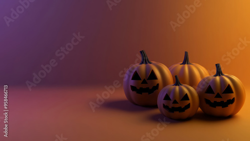 Three glowing jack-o-lanterns with spooky faces in warm orange lighting