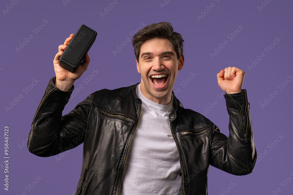 Naklejka premium American Handsome Man Listening Music Wireless Portable Speaker Sound System