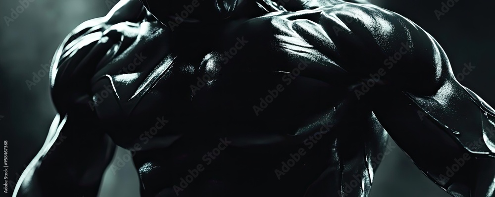 Dramatic close-up of a muscular figure, showcasing intense shadows and powerful details, perfect for fitness and strength themes. Dramatic close-up of a muscular figure, showcasing intense shadows and powerful details, perfect for fitness and strength themes.