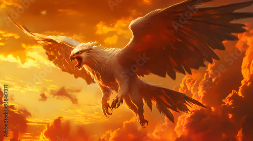 Ferocious griffin spreading its wings in mid-flight against a fiery sunset sky. Griffin. Illustration