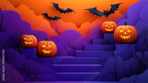 Halloween scene with pumpkins and bats in front of a spooky purple wall