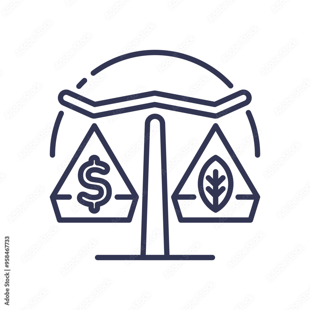 A balanced scale with a dollar sign and a leaf symbolizing equitable distribution between economy and environment. A balanced scale with a dollar sign and a leaf symbolizing equitable distribution between economy and environment.