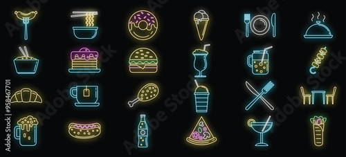 Set of colorful neon light glowing on black background food and drink icon