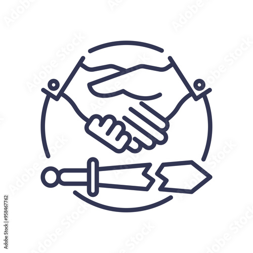 Illustration of a handshake above a broken sword, symbolizing conflict resolution and peace.