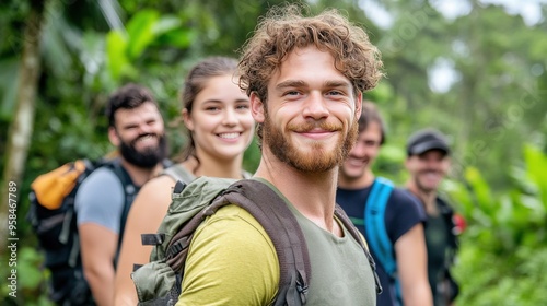 Smiling Hikers In Lush Green Rainforest