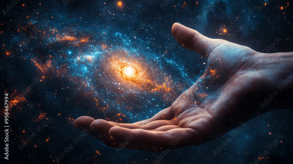 Fototapeta premium Universe shining in hand palm, cosmos galaxy nebula, science exploration concept