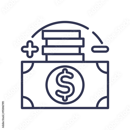 Illustration of money supply with a stack of coins and a dollar bill, symbolizing financial transactions and economic balance.