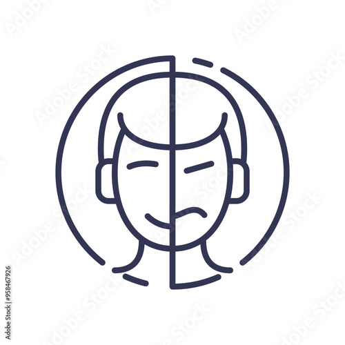Line art of a face split into happy and sad expressions, symbolizing mood swings.