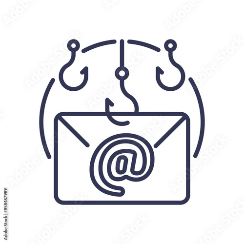 Illustration of phishing concept with hooks targeting an email symbolizing cyber threats.