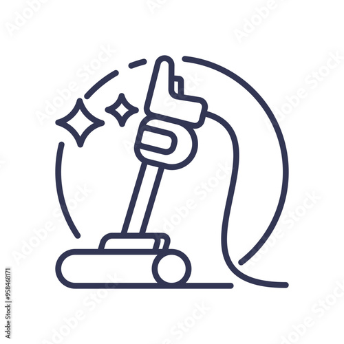 Line art of a vacuum cleaner with sparkles, symbolizing cleanliness and efficiency.