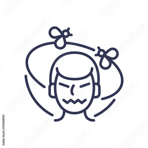 A frustrated person with an angry expression and buzzing flies around their head, symbolizing vexation.