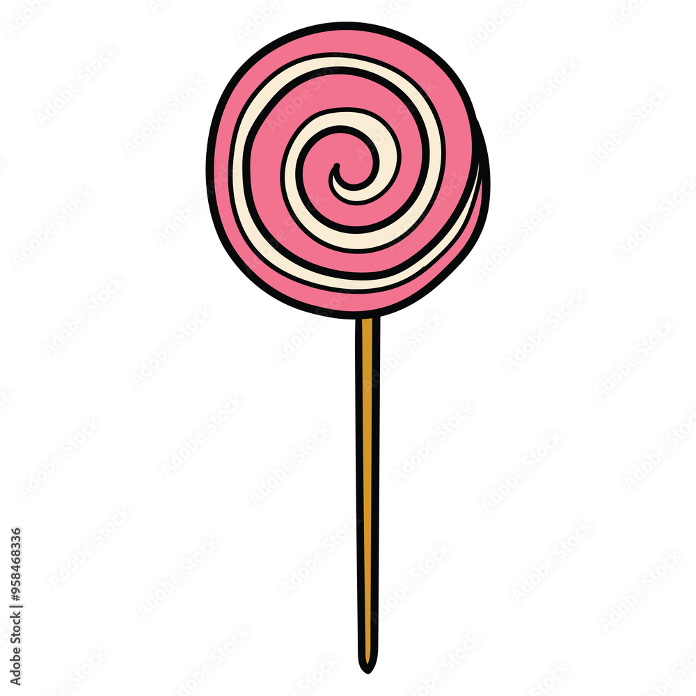 Hand drawn cartoon swirl lollipop on stick on white background. Hand drawn cartoon swirl lollipop on stick on white background.