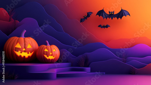 Halloween scene with pumpkins and bats in front of a spooky purple wall