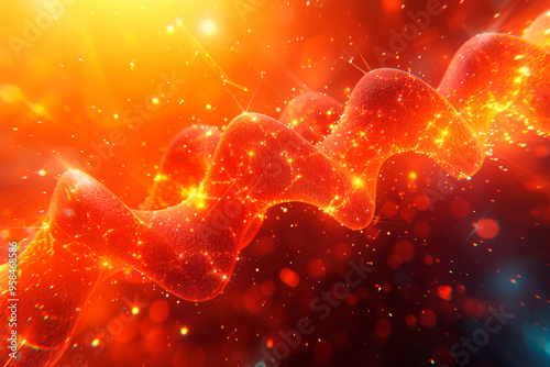 Digital representation of a DNA helix in shades of red with sparkling lights, scientific discovery.
