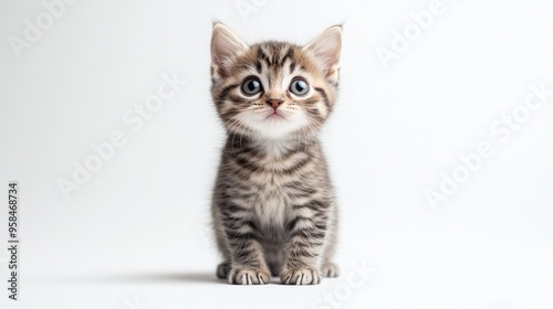 A charming tabby point kitten stands upright, facing the camera. Its curious gaze exudes an air of feistiness as it poses on a pristine white background. 