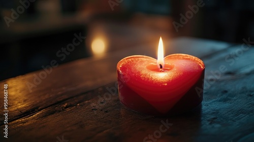 A heart-shaped candle burning softly in a dark room photo