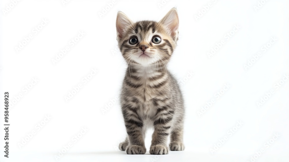 Fototapeta premium A charming tabby point kitten stands upright, facing the camera. Its curious gaze exudes an air of feistiness as it poses on a pristine white background. 