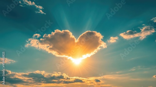 A heart-shaped cloud in the sky, with a bright sun shining behind it