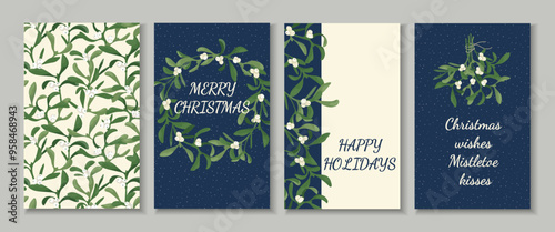 Set of holidays cards with mistletoe Vector Christmas poster templates with wreath, bunch made of mistletoe garland, border and pattern Elegant design for print, card, flyer, banner, social media post