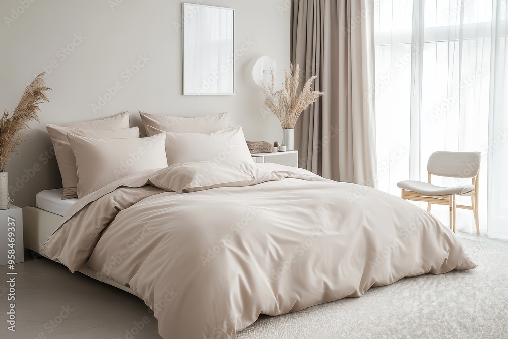 A serene bedroom with neutral tones, featuring a cozy bed and minimalist decor. A serene bedroom with neutral tones, featuring a cozy bed and minimalist decor.