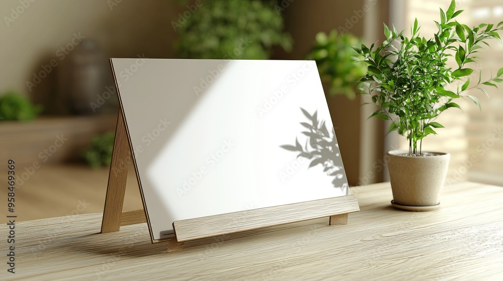 A minimalist workspace featuring a blank canvas on an easel and a decorative plant, perfect for creative inspiration. A minimalist workspace featuring a blank canvas on an easel and a decorative plant, perfect for creative inspiration.