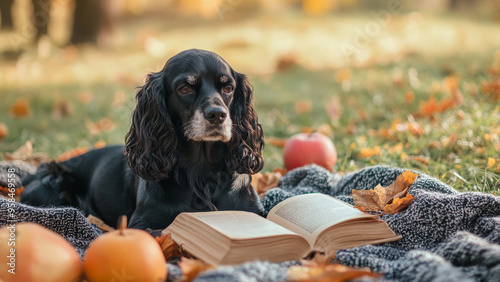 Adorable dog reading a book surrounded by autumn leaves and pumpkins