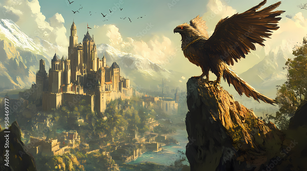 Fototapeta premium Mystical griffin perched on a cliff overlooking a kingdom. Griffin. Illustration