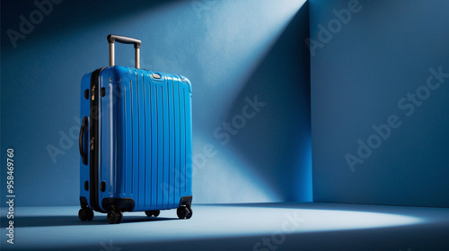 A sleek blue suitcase standing upright in a minimalist blue room with dramatic lighting and copy space. Perfect for travel and lifestyle themes. photo