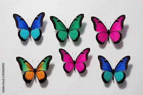 Vibrant Sapphire Emerald and Fuchsia Butterflies in Flight on White Background