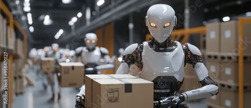 Futuristic robots working together in a warehouse, symbolizing the future of automation