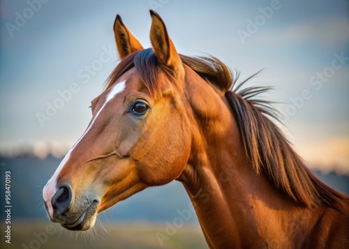 A horse's majestic visage fills the frame, its forward ear alert and curious, contrasting with its backward ear,