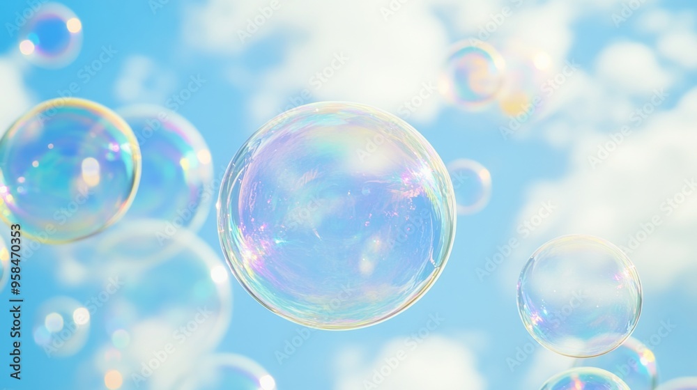 Soap Bubbles Floating Gracefully Against a Bright Blue Sky with Fluffy Clouds
